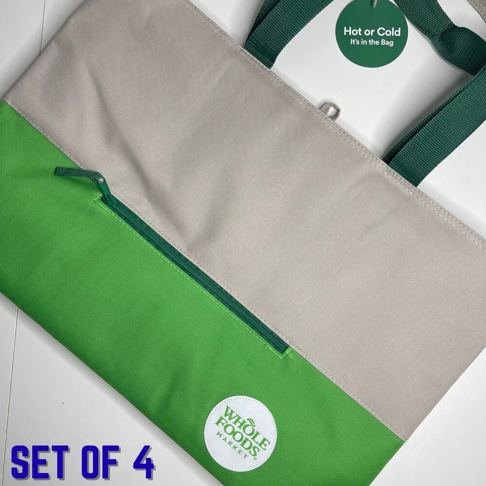 Set of 4! Whole Foods Large Reusable Insulated Cooler Tote Bag Green Gray Pocket